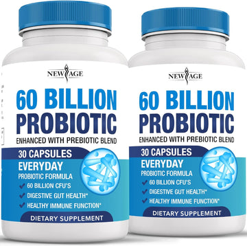 NEW AGE Probiotics 60 Billion CFU with Prebiotic Formula - Probiotics for Women and Men and Adults, 100% Natural Digestive Enzymes, Shelf Stable Probiotic Supplement Prebiotic