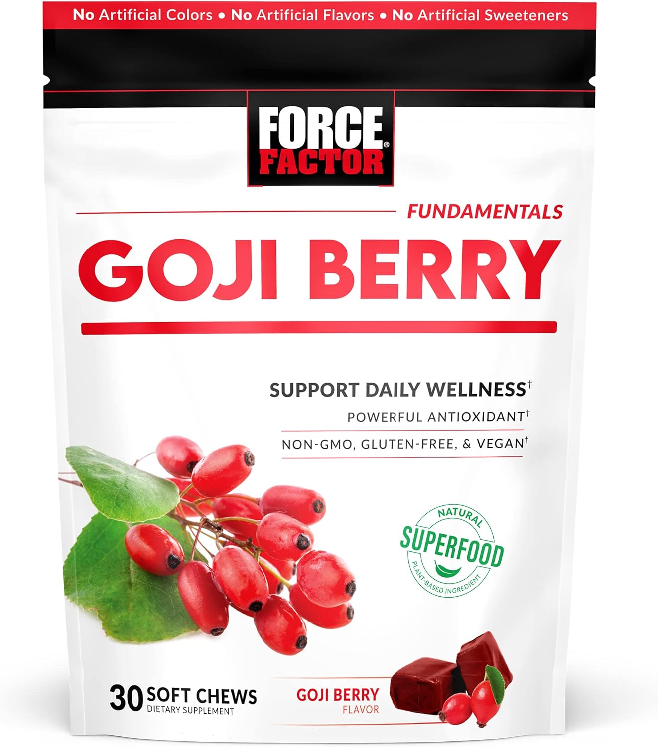 FORCE FACTOR Goji Berry Soft Chews Superfood Antioxidants Supplement to Support Healthy Eyes and Skin, Immune Health, and Inflammation, Non-GMO, Gluten-Free, & Vegan, Goji Berry Flavor, 30 Soft Chews