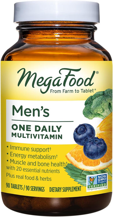 MegaFood Men's One Daily Multivitamin for Men - with Zinc, Selenium, Vitamin B12, Vitamin B6, Vitamin D & Real Food - Immune Support Supplement - Muscle & Bone Health - Vegetarian - 90 Tabs