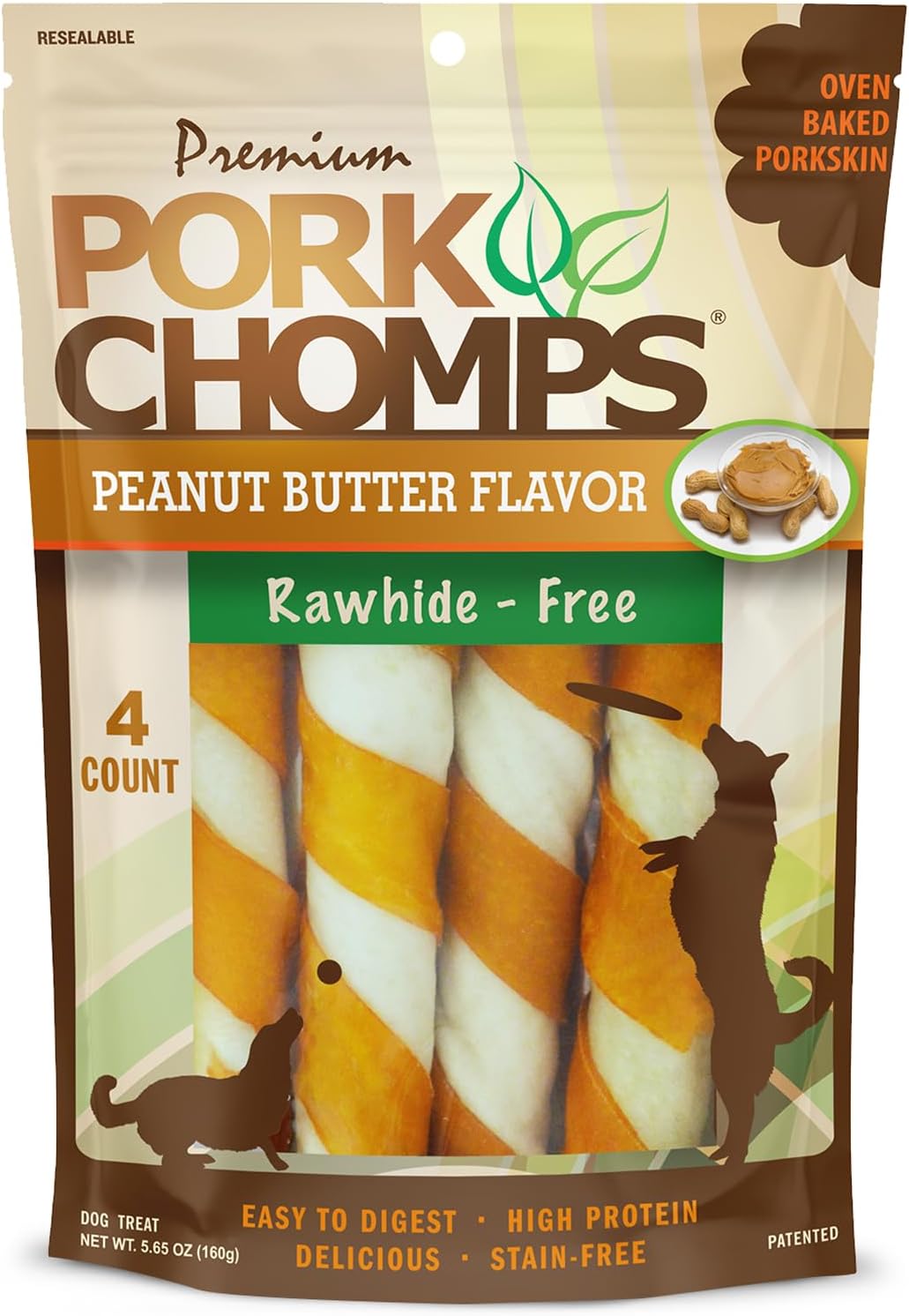 Pork Chomps Baked Pork Skin Dog Chew, 6-Inch Twists, Peanut Butter Wrap, 4 Count