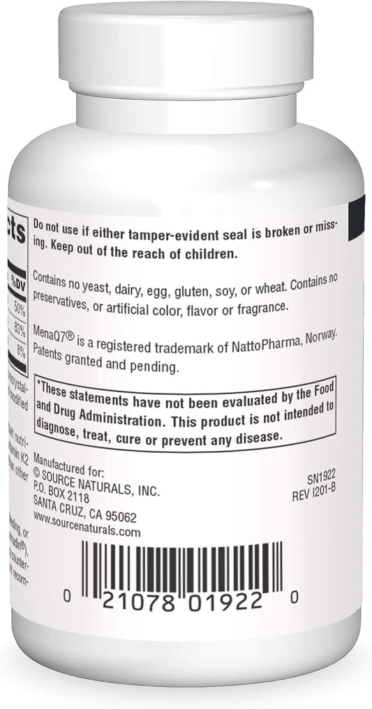 Source Naturals Vitamin K2 + D3 Bone & Heart Health Complex - 400 Iu Vitamin D3 & 100 Mcg Vitamin K2 (Mk-7) With Calcium - 60 Tablets