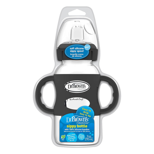 Dr. Brown'S Milestones Wide-Neck Sippy Spout Bottle With 100% Silicone Handles, Easy-Grip Handles With Soft Sippy Spout, 9Oz/270Ml, Black, 1-Pack, 6M+