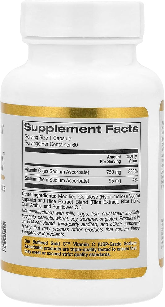 California Gold Nutrition Buffered Gold C, Gold Standard Sodium Ascorbate (Vitamin C), 750 Mg, 60 Veggie Capsules