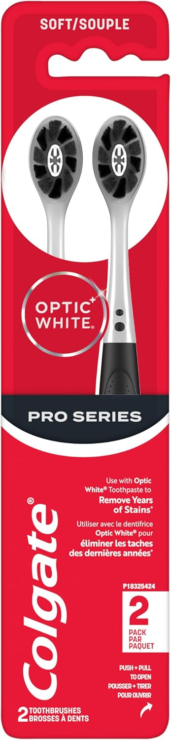 Colgate Optic White Pro Series Whitening Charcoal Toothbrush For Stain Removal, Soft Bristles, 2 Pack