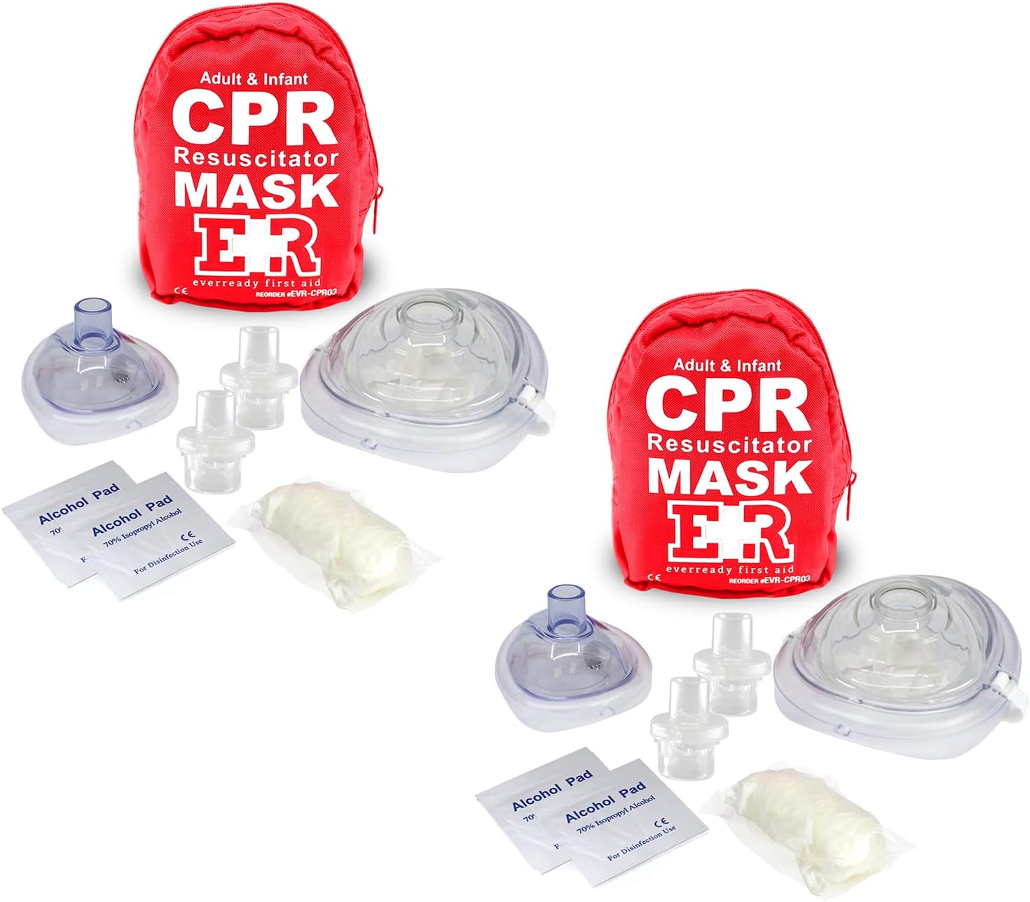 Ever Ready First Aid Adult And Infant Cpr Mask Combo Kit With 2 Valves With Pair Of Nitrile Gloves & 2 Alcohol Prep Pads - Red - 2 Pack