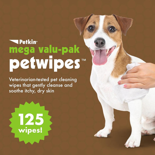 Petkin Mega Val-Pak Pet Wipes, 125 Wipes - Oatmeal Pet Wipes for Dogs and Cats - for Face, Paws, Ears, Body and Eye Area - Super Convenient Dog Cleaning Wipes, Ideal for Home or Travel - Easy to Use