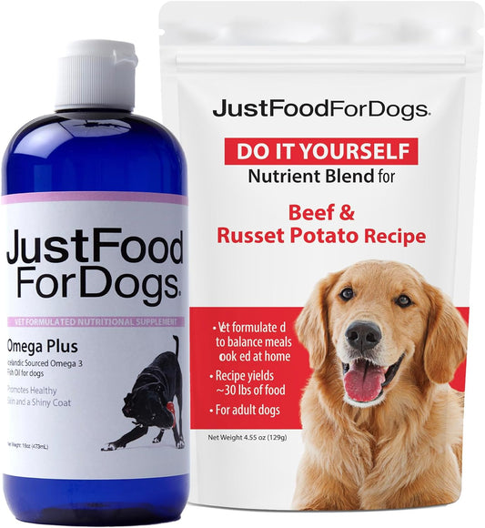 JustFoodForDogsDIY Human Quality Dog Food,Grain Free Nutrient Blend Base Mix for Dogs-Beef and Russet Potato Recipe (129 Grams) & Omega Plus Fish Oil for Dogs-Omega 3 Liquid Supplement for Pets-16 oz : Pet Supplies