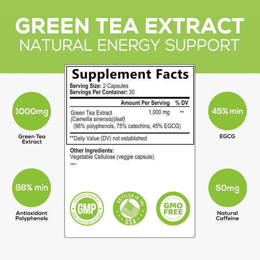 Green Tea Extract Capsules 1000mg 98% Standardized EGCG - 3X Strength for Natural Energy - Heart Support with Polyphenols - Gentle Caffeine - 60 Capsules