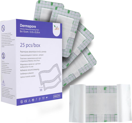 Ved Dermapore Waterproof Adhesive Wound Dressing- Suitable For Cuts And Grazes, Diabetic Leg Ulcers, Venous Leg Ulcers, Small Pressure Sores- Medium, 9 X 20Cm (Pack Of 25)