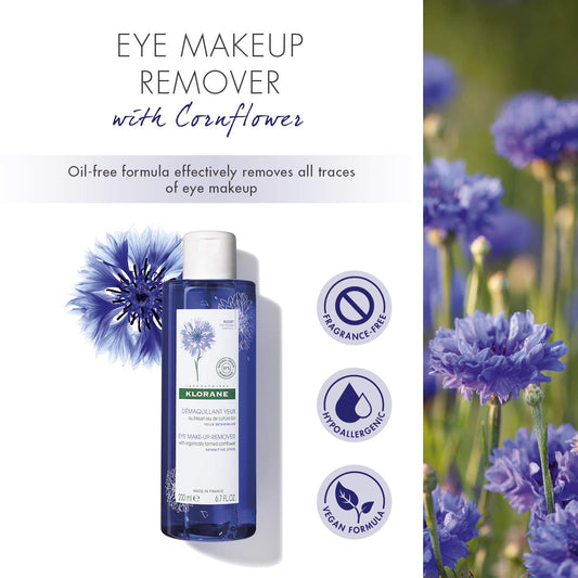 Klorane - Eye Makeup Remover With Organically Farmed Cornflower - For Sensitive Skin - Free of Oil, -Fragrance, & Sulfates - 6.7 fl. oz