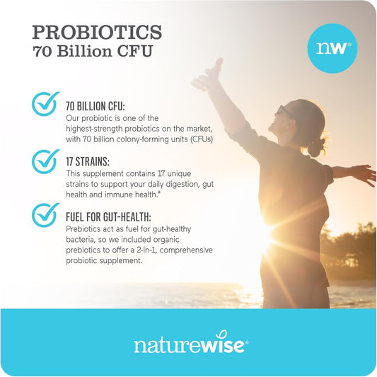 Naturewise Probiotics 70 Billion Cfu - 17 Strains + Organic Prebiotics - Immune, Digestive & Gut Health Probiotics For Women & Men - Vegetarian, Gluten-Free, Non-Gmo - 30 Capsules[1-Month Supply]