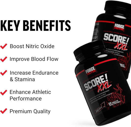 FORCE FACTOR Score! XXL Nitric Oxide Booster Supplement for Men with L-Citrulline, Black Maca, and Tribulus to Improve Athletic Performance, Increase Stamina, and Support Blood Flow, 60 Tablets