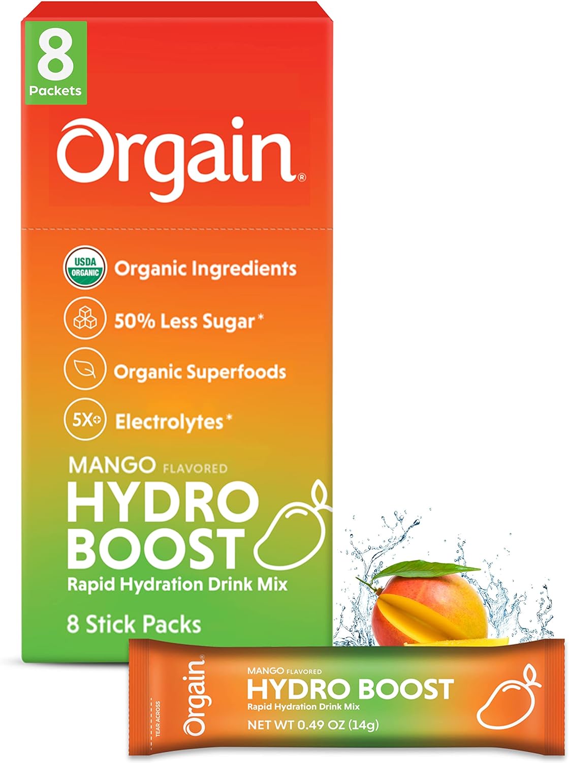 Orgain Organic Hydration Packets, Electrolytes Powder - Mango Hydro Boost With Superfoods, Vegan, Gluten-Free, No Soy Ingredients, Non-Gmo, Less Sugar Than Sports Drinks, 8 Count