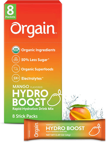 Orgain Organic Hydration Packets, Electrolytes Powder - Mango Hydro Boost With Superfoods, Vegan, Gluten-Free, No Soy Ingredients, Non-Gmo, Less Sugar Than Sports Drinks, 8 Count