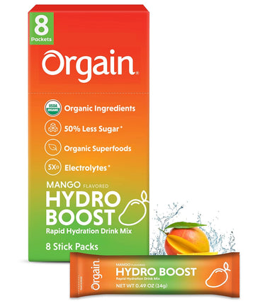 Orgain Organic Hydration Packets, Electrolytes Powder - Mango Hydro Boost with Superfoods, Gluten-Free, Soy Free, Vegan, Non GMO, Less Sugar than Sports Drinks, Travel Packets, 8 Count