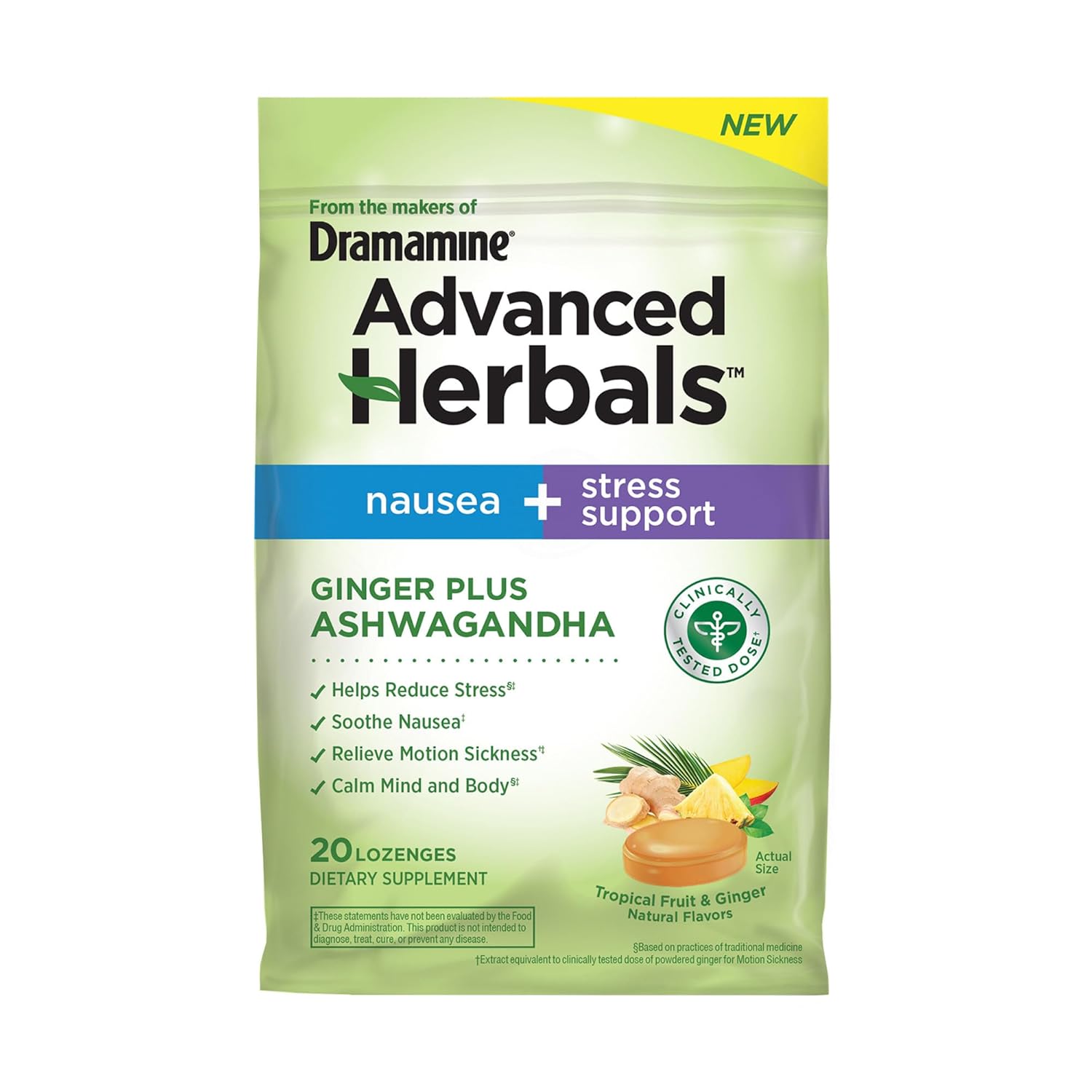 From The Makers Of Dramamine, Advanced Herbals, Nausea And Stress Support With Ginger And Ashwagandha, Tropical Fruit And Ginger Flavored Lozenges, 20 Ct