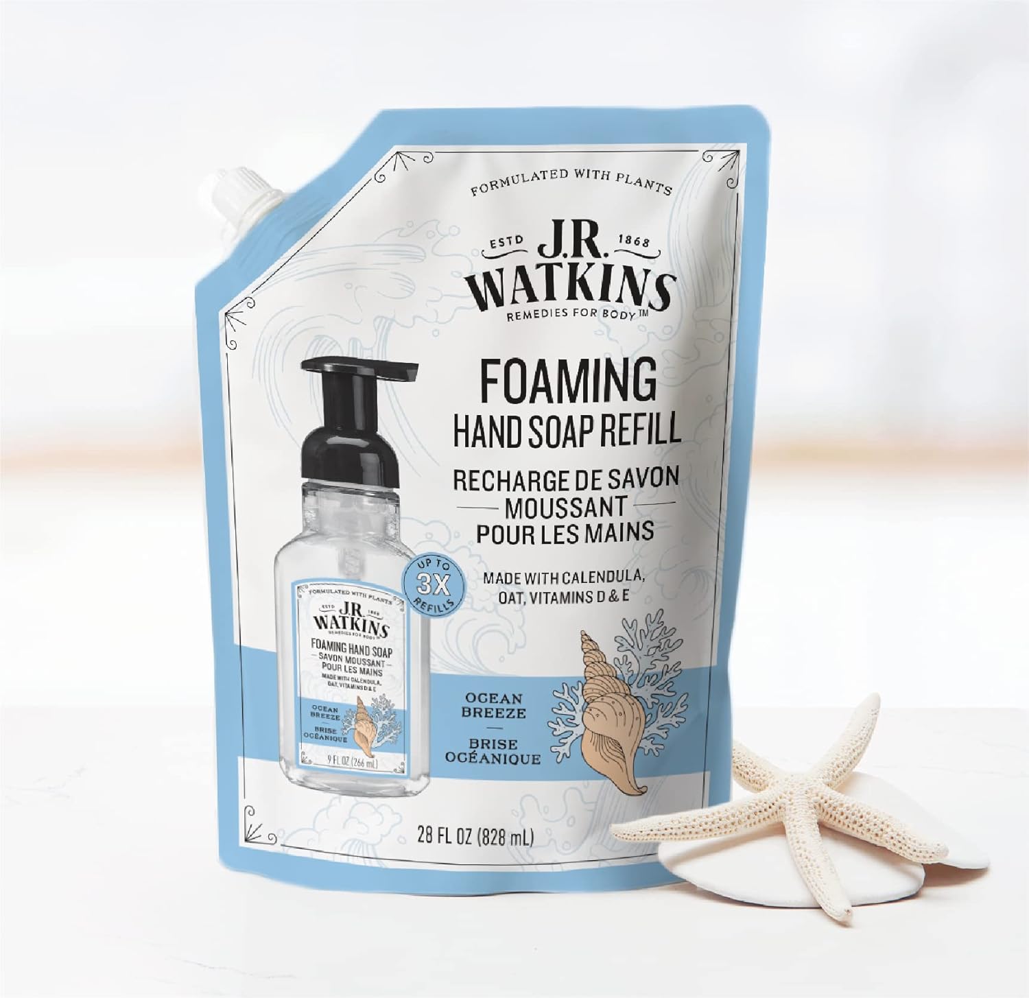 J.R. Watkins Foaming Hand Soap Refill, Moisturizing Foam Hand Wash, All Natural, Alcohol-Free, Cruelty-Free, USA Made, Ocean Breeze, 28 fl oz, 3 Pack : Beauty & Personal Care