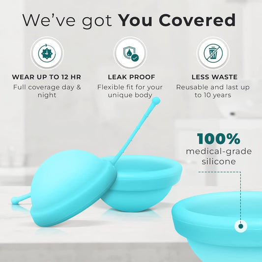 EcoBlossom Reusable Menstrual Disc with Removal String - The Most Reliable Medical Grade Silicone Period Discs - Comfortably use for 12 Hours (Small, Cyan)