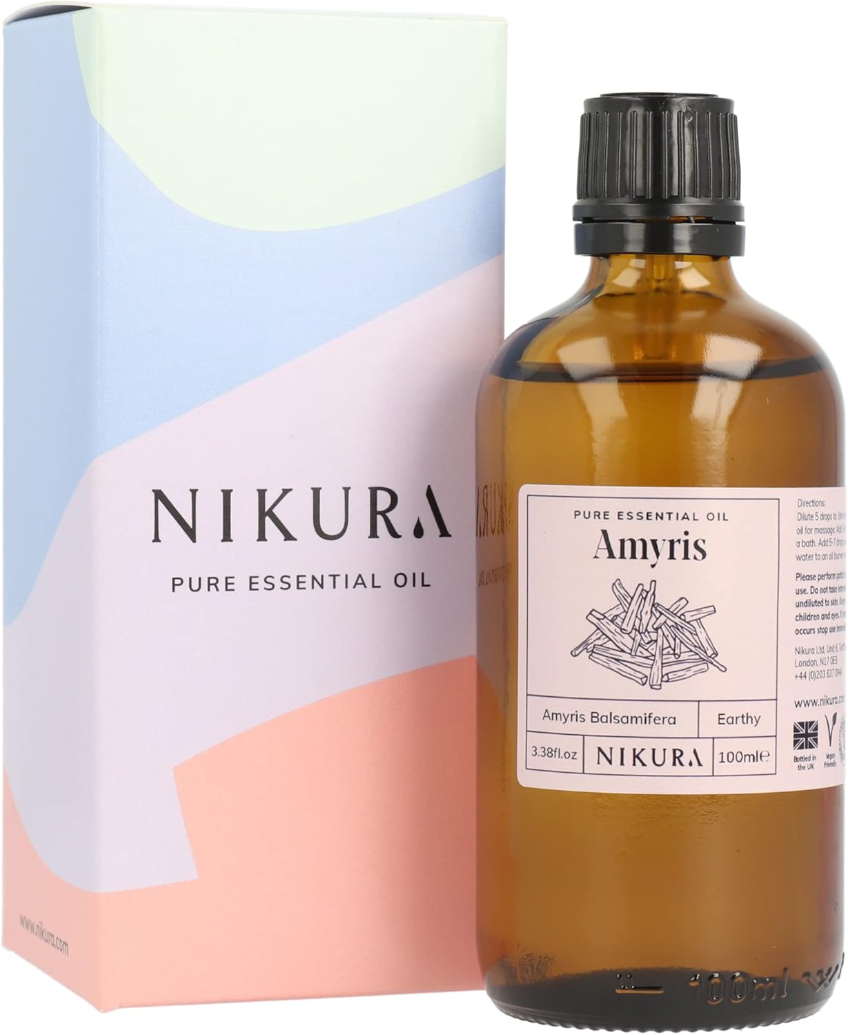 Nikura Amyris Essential Oil - 100Ml | 100% Pure Natural Oils | Perfect For Sleep, Cleansing Skin, Diffusers, Aromatherapy | A Great Insect Repellent, Clean Home | Vegan & Uk Made