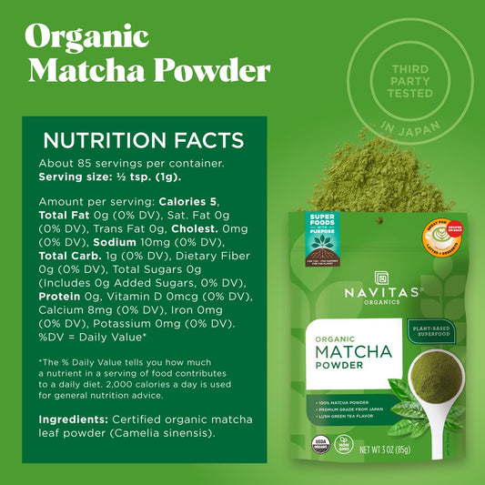 Navitas Organics Matcha Powder, 3 Oz. Bag, 85 Servings — Premium Culinary Grade, Organic, Non-Gmo, Gluten-Free