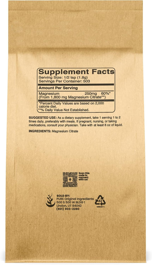 Pure Original Ingredients Magnesium Citrate (2Lb) Magnesium Supplement, Unflavored, Dissolves Easily