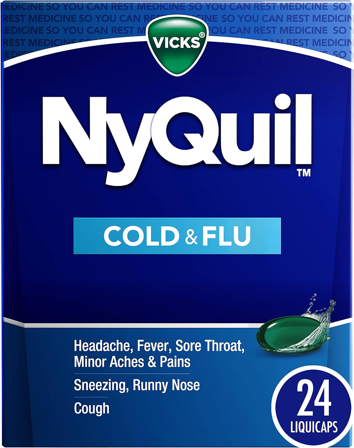 Vicks Nyquil Cold And Flu Relief Liquid Medicine, Powerful Multi-Symptom Nighttime Relief For Headache, Fever, Sore Throat, Minor Aches And Pains, Sneezing, Runny Nose, And Cough, 24 Liquicaps