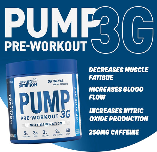 Applied Nutrition Pump 3G Pre Workout - Energy, Focus & Performance (375G - 25 Servings) (Icy Blue Raz)