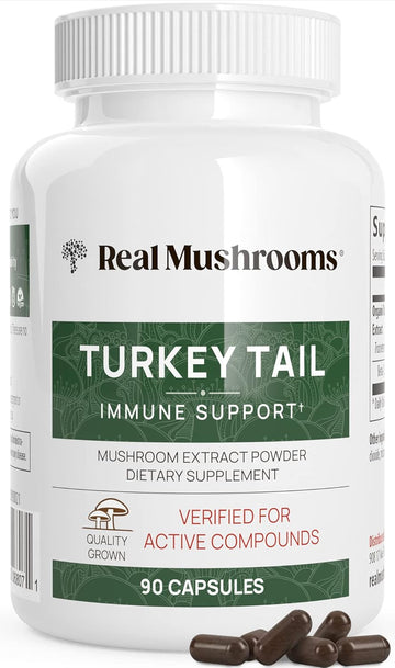 Real Mushrooms Turkey Tail Capsules - Organic Mushroom Supplement With Potent Turkey Tail Mushroom Extract For Gut, Energy, Brain, & Immune Support - Vegan Mushroom Extract, Non-Gmo