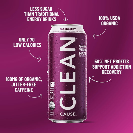 Clean Cause Low Calorie Blackberry Usda Organic Sparkling Yerba Mate Tea (16Oz Cans, 12-Pack Case) Low Sugar, 160Mg Caffeine, Healthy Alternative To Soda & Energy Drinks