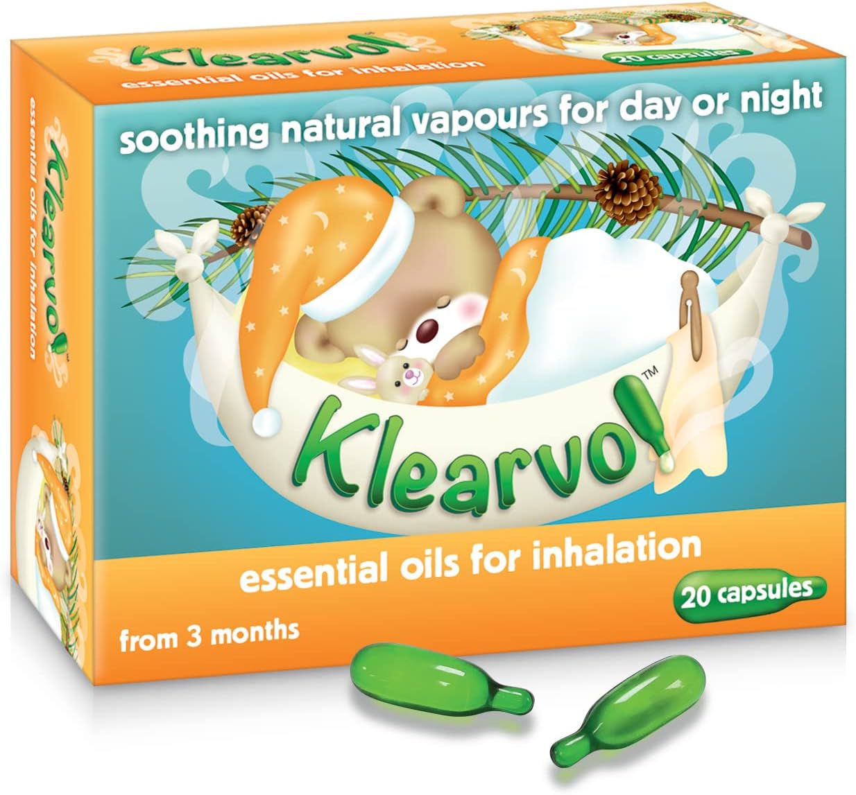 Klearvol Essential Oils Inhalation Capsules | From 3 Months + | Natural Vapours For Day And Night | For Sweet Dreams | Contains Pine Oil, Thyme And Menthol | 20 Capsules |