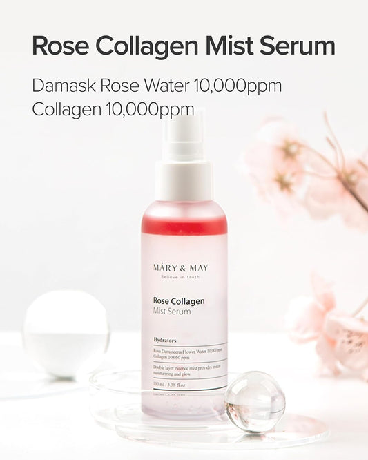 Mary&May Rose Collagen Mist Serum - Double Layer Essence Face Spray - Instant Hydration, Radiance, Anti-Aging And Glowing Skin With Damask Rose Water And Plant-Based Oils, 3.38 Fl.Oz