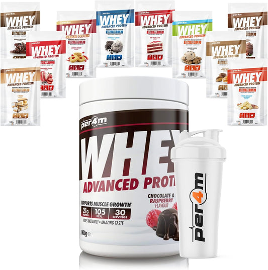 Per4M Advanced Whey Protein Powder | 30 Serving Low Sugar Protein Shake With Amino Acids | Perfect For Your Gym Bag And Travel | Shaker & 5 Mixed Selection Sachets (900G, Chocolate Peanut Butter)