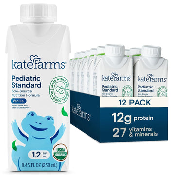 Kate Farms Pediatric Standard 1.2 Formula, Sole Source Nutrition, Nutritional Supplement Drinks, Feeding Tube Meals, Protein Shakes for Kids (Vanilla 1.2 cal/mL, Case of 12)