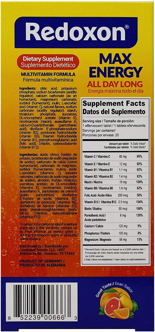Redoxon Max Energy, Helps Support Inmune System, Citrus Flavor, 20 Effervescent Tablets, 2.82 Oz, Box