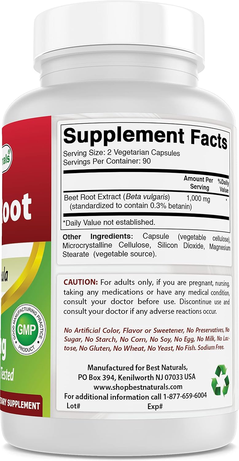 Best Naturals Beet Root Powder 500 Mg Capsules, 180 Count : Health & Household