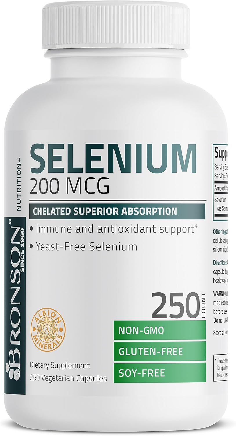 Bronson Selenium 200 mcg – Yeast Free Chelated Amino Acid Complex - Essential Trace Mineral with Superior Absorption, 250 Vegetarian Capsules : Health & Household