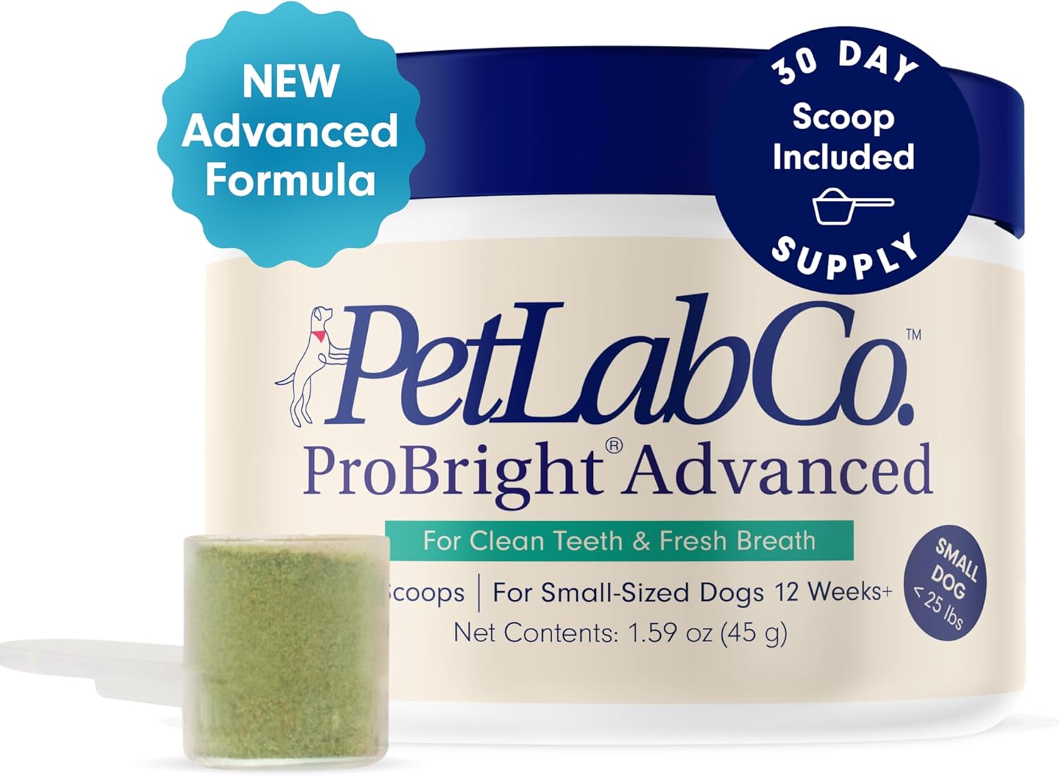 Petlab Co. Probright Advanced Dental Powder - Dog Breath Freshener - Teeth Cleaning Made Easy – Targets Tartar & Bad Breath - Formulated For Small Dogs