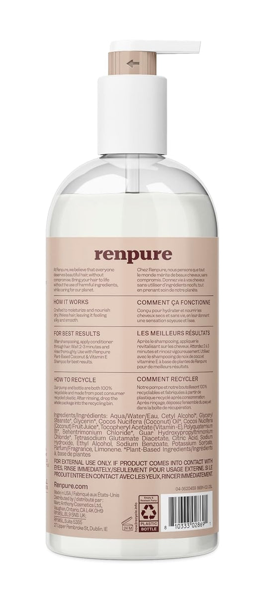 Renpure Plant Based Coconut And Vitamin E Moisturize And Replenish Conditioner - Ideal For Dry, Lifeless Hair - Leaves Hair Silky And Smooth - Paraben Free - Recyclable, Pump Bottle Design - 24 Fl Oz