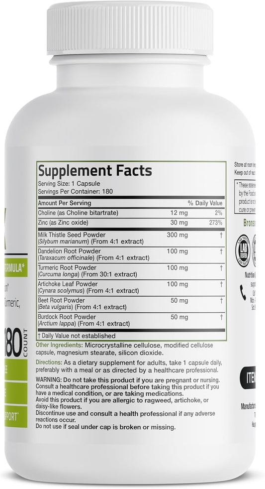 Bronson Liver Detox Advanced Detox & Cleansing Formula Supports Health Liver Function With Milk Thistle, Dandelion Root, Turmeric, Artichoke Leaf & More, Non-Gmo, 180 Vegetarian Capsules