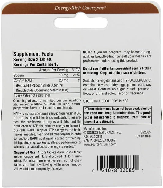 Source Naturals NADH 10mg, Boost Energy and Mental Alertness*, 10mg - 30 Peppermint Lozenges : Health & Household