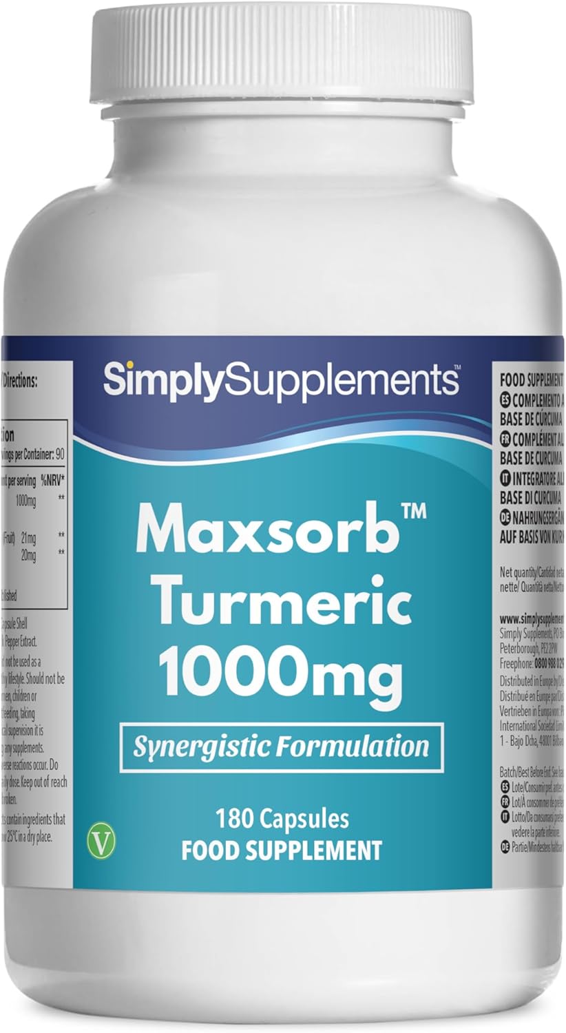 Turmeric 1000mg Maxsorb Curcumin 180 Capsules | Black Pepper Extract Bioperine® for Maximum Support | Vegan & Vegetarian Friendly | Natural Digestive Aid | Manufactured in The UK