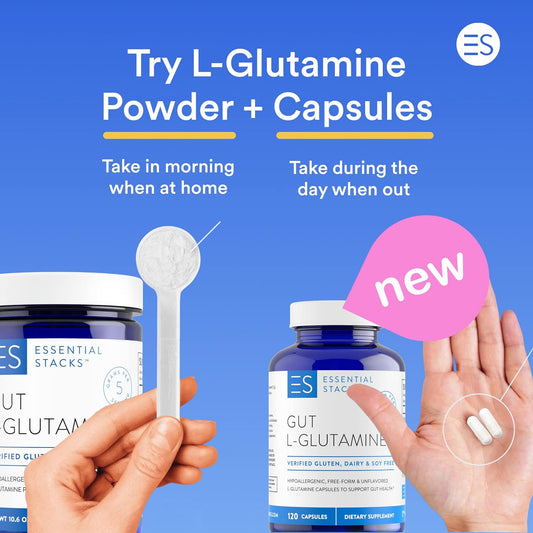 Essential Stacks L-Glutamine at-Home & On-The Go Bundle - L Glutamine Powder & Capsules