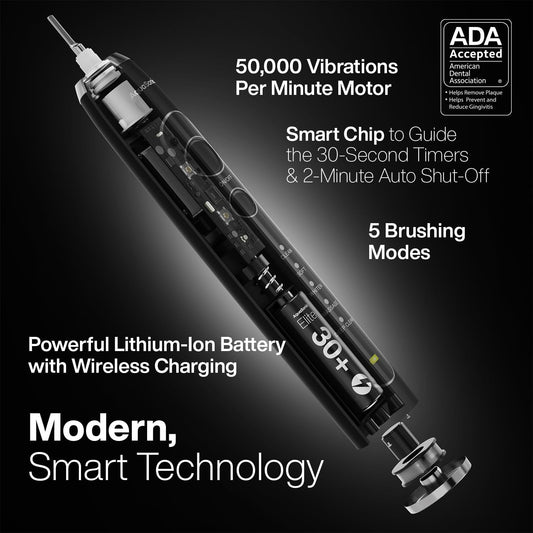 Aquasonic Elite Ultra-Whitening Toothbrush – Ada Accepted Power Toothbrush - 8 Proflex Brush Heads & Travel Case – 50,000 Vpm Motor & Wireless Charging - 5 Modes W Smart Timer (Black)