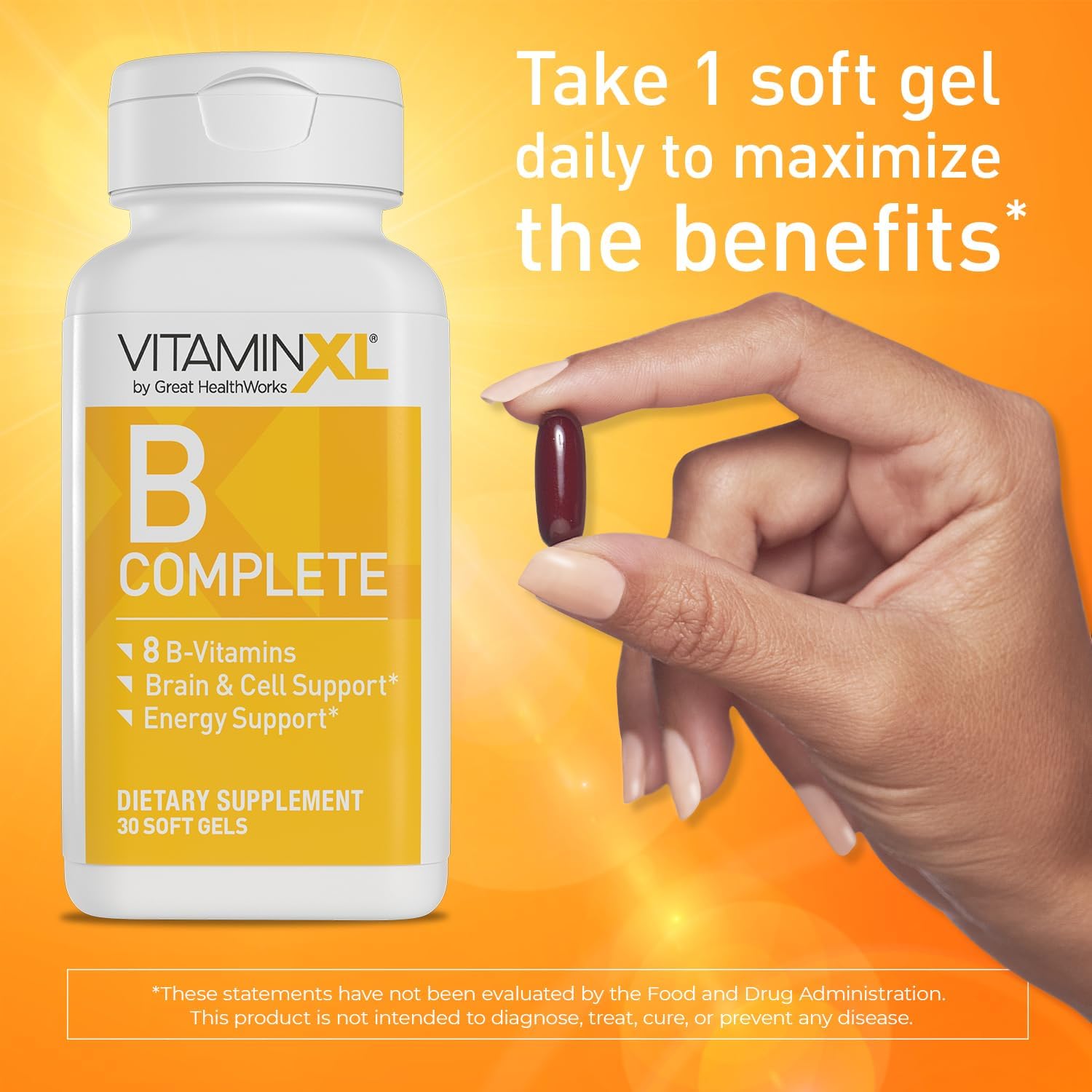 VitaminXL B Complete is a Full Spectrum B Complex Made with B1, B5, B6, B12, Biotin, Niacin, Riboflavin, and Folate, Also with Choline and inositol (30 Soft Gels, 30 Servings) : Health & Household