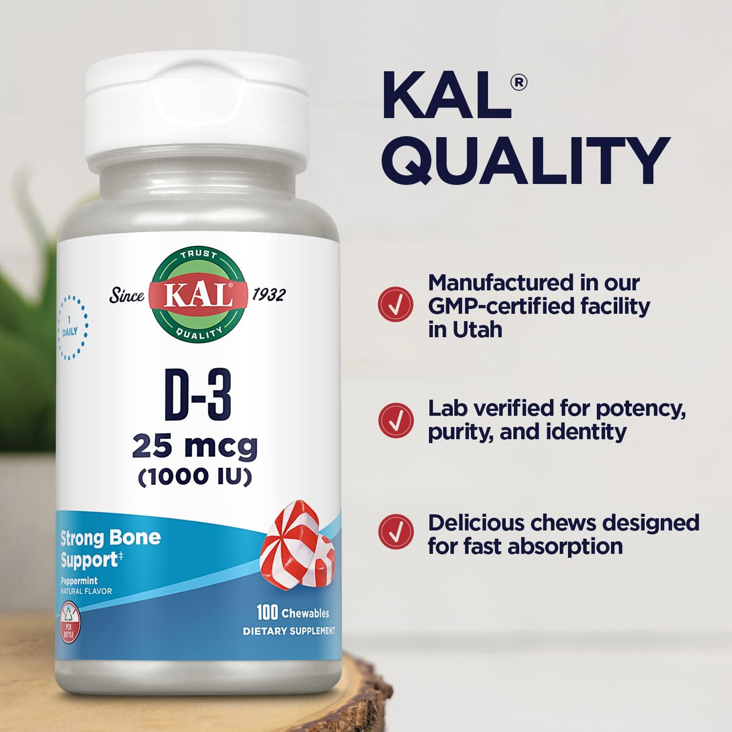 KAL Vitamin D3 1000 IU 25 mcg, Vitamin D Chewables, Calcium Absorption, Bone Health and Immune Support Supplement, Natural Peppermint Flavor, Sweetened with Xylitol, 100 Servings, 100 Chews : Health & Household