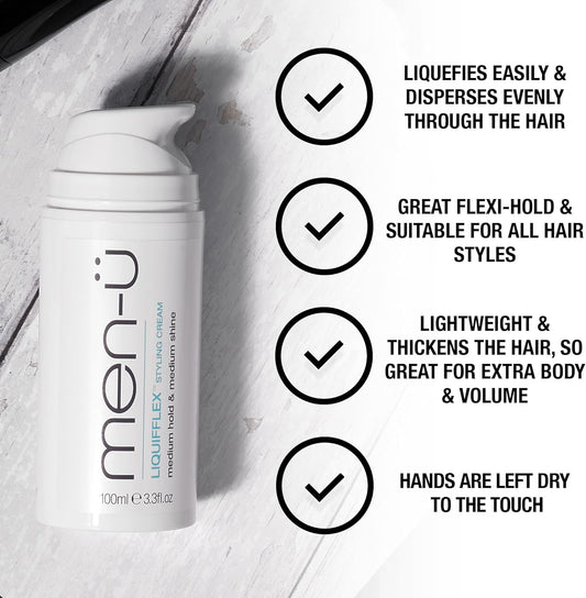 Men-Ü Liquifflex 100Ml Mens Hair Cream, Medium Hold & Natural Shine, Mens Hair Products. Styling Cream That Thickens The Hair & Gives Extra Body And Volume