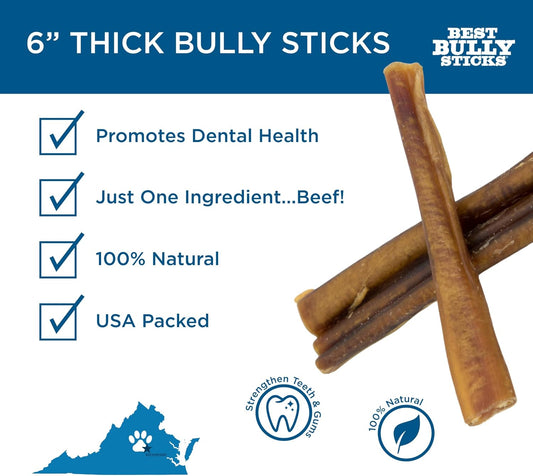 Best Bully Sticks All Natural 6 Inch Thick Bully Sticks For Large Dogs - 100% Free-Range Grass-Fed Beef - Single-Ingredient Grain & Rawhide Free Dog Chews - 18 Pack