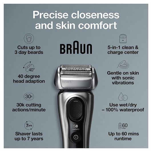 Braun Electric Razor For Men, Series 8 8467Cc Electric Foil Shaver With Precision Beard Trimmer, Cleaning & Charging Smartcare Center, Galvano Silver