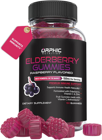 Orphic Nutrition Elderberry Gummies With Vitamin C And Zinc - 60 Count - Immune Support Supplement For Men, Women And Kids* - Elderberry Vitamins Made With Vitamin C - 100Mg Of Elderberry