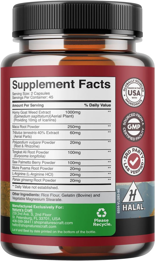Horny Goat Weed for Male Enhancement - Extra Strength Horny Goat Weed for Men 1590mg per serving Complex with Tongkat Ali Saw Palmetto Extract Panax Ginseng and Black Maca Root for Stamina & Energy